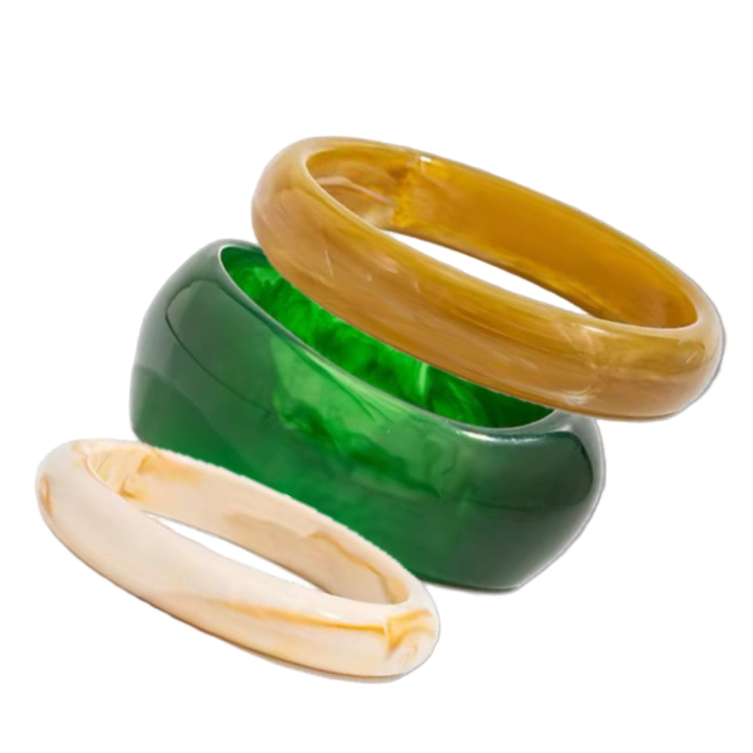 Three rings in green, yellow, and white on a gray background